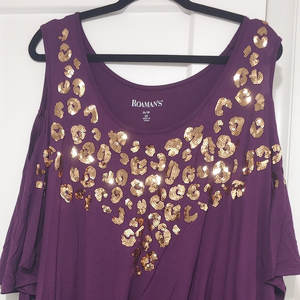Roaman's Purple Cut Out Blouse With Gold Sequins